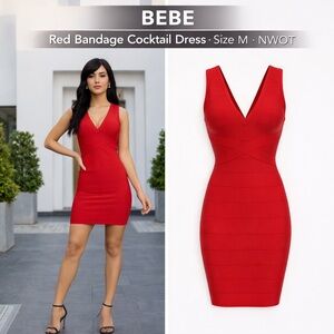 BEBE Red Bandage Cocktail Dress Size M Bodycon V-Neck Party Club Date Night